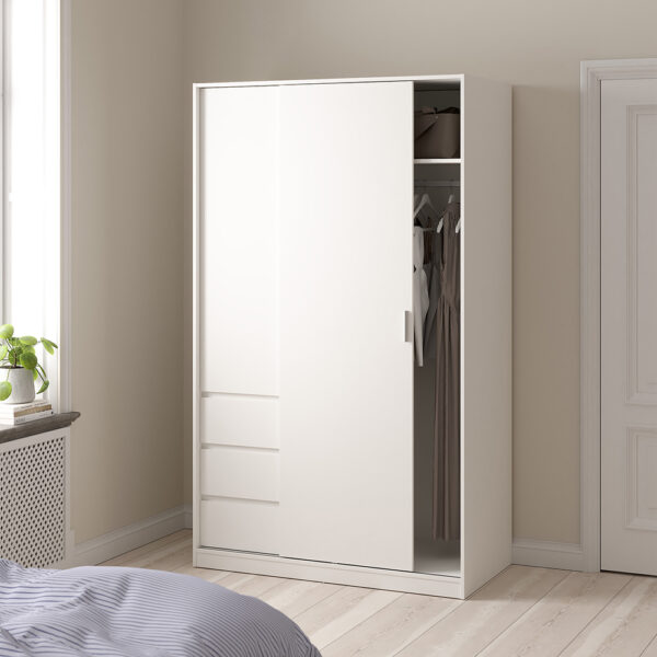 Moderno Wardrobe with 1 Sliding Door and 1 door + 3 drawers in White | Assembly Required