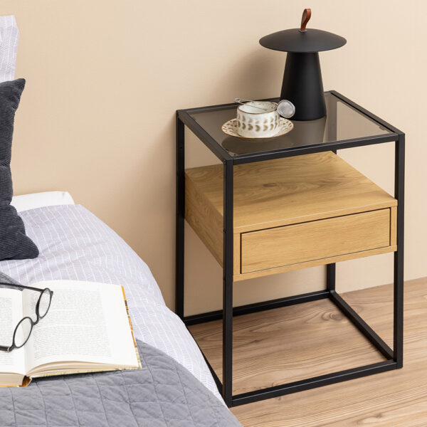 Randolf Square Bedside Table with 1 Drawer in Black and Oak | Assembly Required