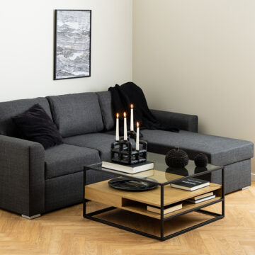 Randolf Black Metal Square Coffee Table | 2 Shelves | Oak Finish