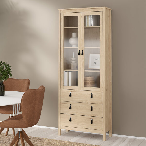 Seville China Cabinet 2 Doors with Glass + 3 Drawers in Jackson Hickory Oak | Assembly Required