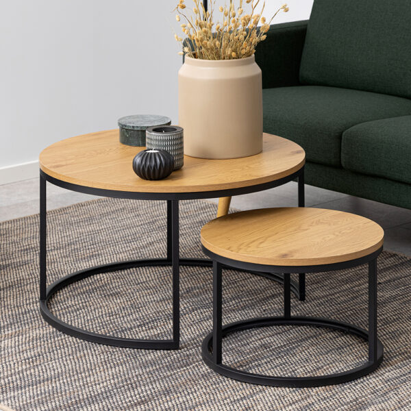 Spiro Round Coffee Table Set with Oak Top & Black Legs | Assembly Required