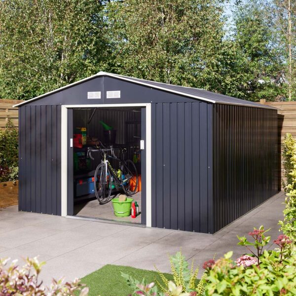 Oakworld Alfresco Trentvale Metal Apex Shed Dark Grey 10x12 | Assembly Required