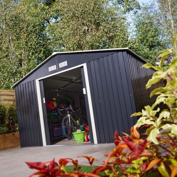 Oakworld Alfresco Trentvale Metal Apex Shed Dark Grey 10x12 | Assembly Required