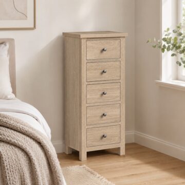 Oaktide 5 Drawer Tallboy Chest - Oak - White Wash | Assembled