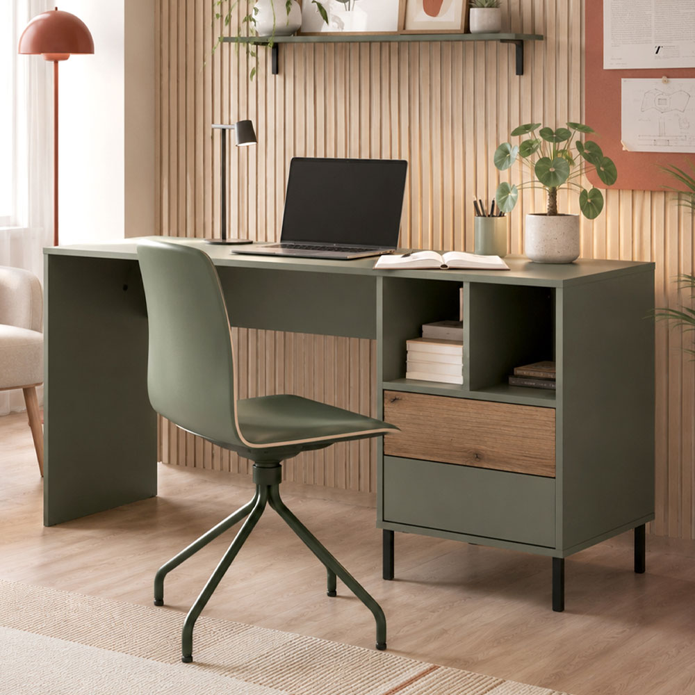 Ayr Green 2 Drawer Desk | Oak Finish