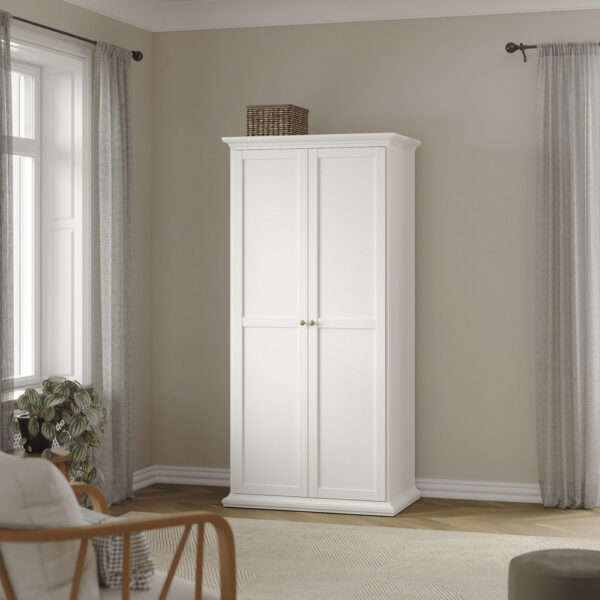 Paris 3 Piece Bundle, Bedside, Chest and 2 Door Wardrobe in White | Assembly Required
