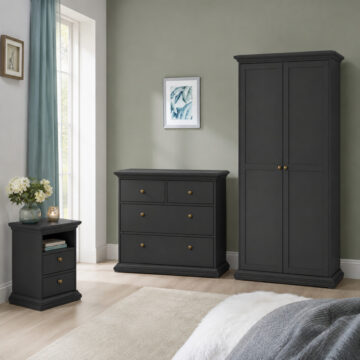 Paris 3 Piece Bundle, Bedside, Chest and 2 Door Wardrobe In Matt Grey