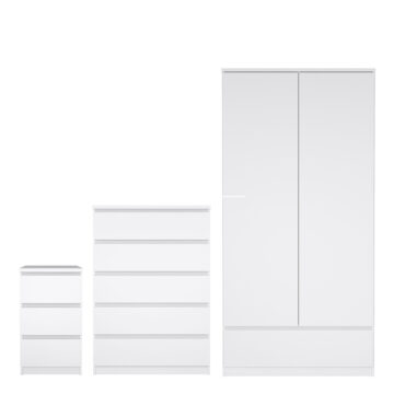 Moderno 3 Piece Bundle, Bedside, Chest and 2 Door 1 Drawer Wardrobe in White High Gloss