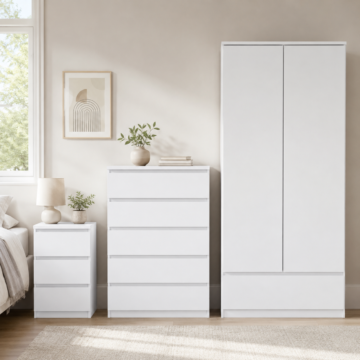 Moderno 3 Piece Bundle, Bedside, Chest and 2 Door 1 Drawer Wardrobe in White High Gloss