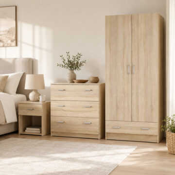 Space 3 Piece Bundle, Bedside, Chest and 2 Door 1 Drawer Wardrobe in Oak