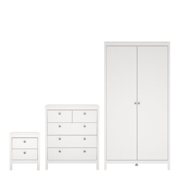 Bravil 3 Piece Bundle, Bedside, Chest and 2 Door Wardrobe in White