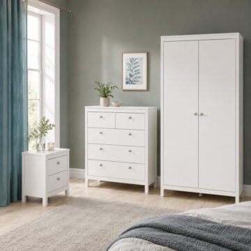 Bravil 3 Piece Bundle, Bedside, Chest and 2 Door Wardrobe in White