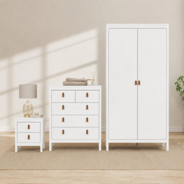 Seville 3 Piece Bundle, Bedside, Chest and 2 Door Wardrobe in White