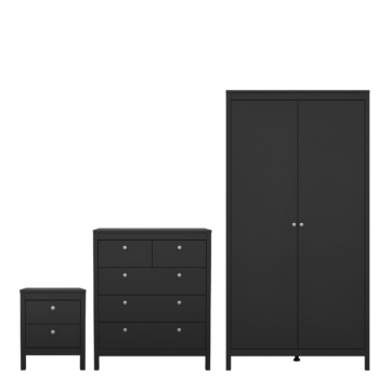 Bravil 3 Piece Bundle, Bedside, Chest and 2 Door Wardrobe in Matt Black