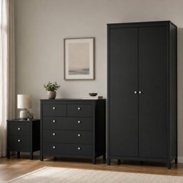 Bravil 3 Piece Bundle, Bedside, Chest and 2 Door Wardrobe in Matt Black