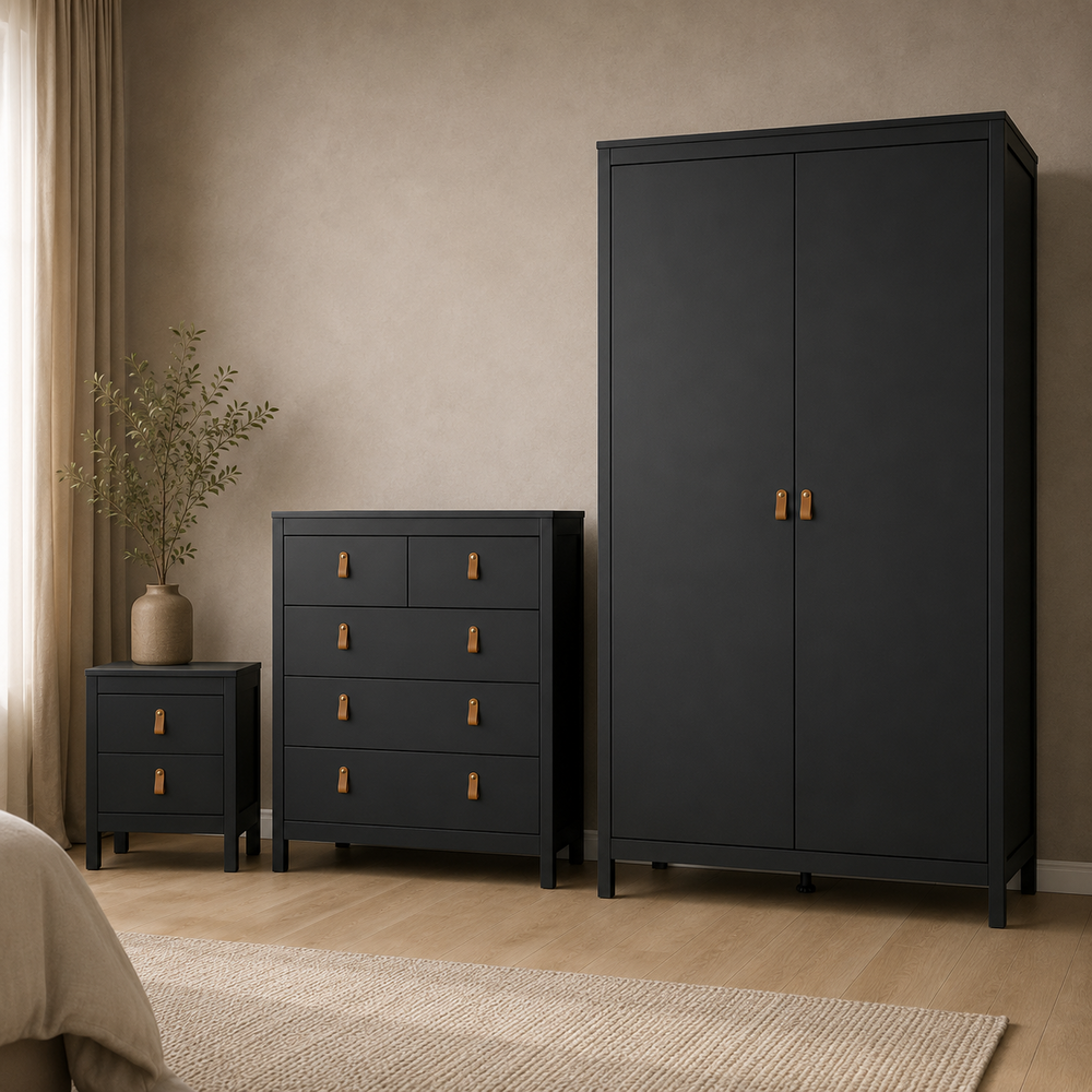 Seville 3 Piece Bundle, Bedside, Chest and 2 Door Wardrobe in Matt Black