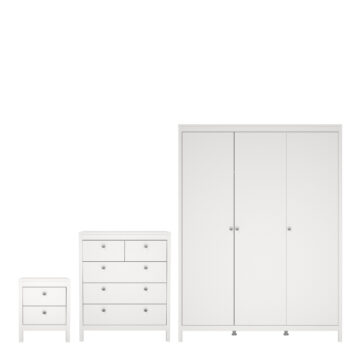 Bravil 3 Piece Bundle, Bedside, Chest and 3 Door Wardrobe in White