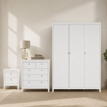 Bravil 3 Piece Bundle, Bedside, Chest and 3 Door Wardrobe in White