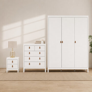Seville 3 Piece Bundle, Bedside, Chest and 3 Door Wardrobe in White
