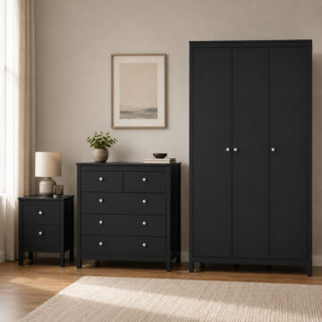 Bravil 3 Piece Bundle, Bedside, Chest and 3 Door Wardrobe in Matt Black