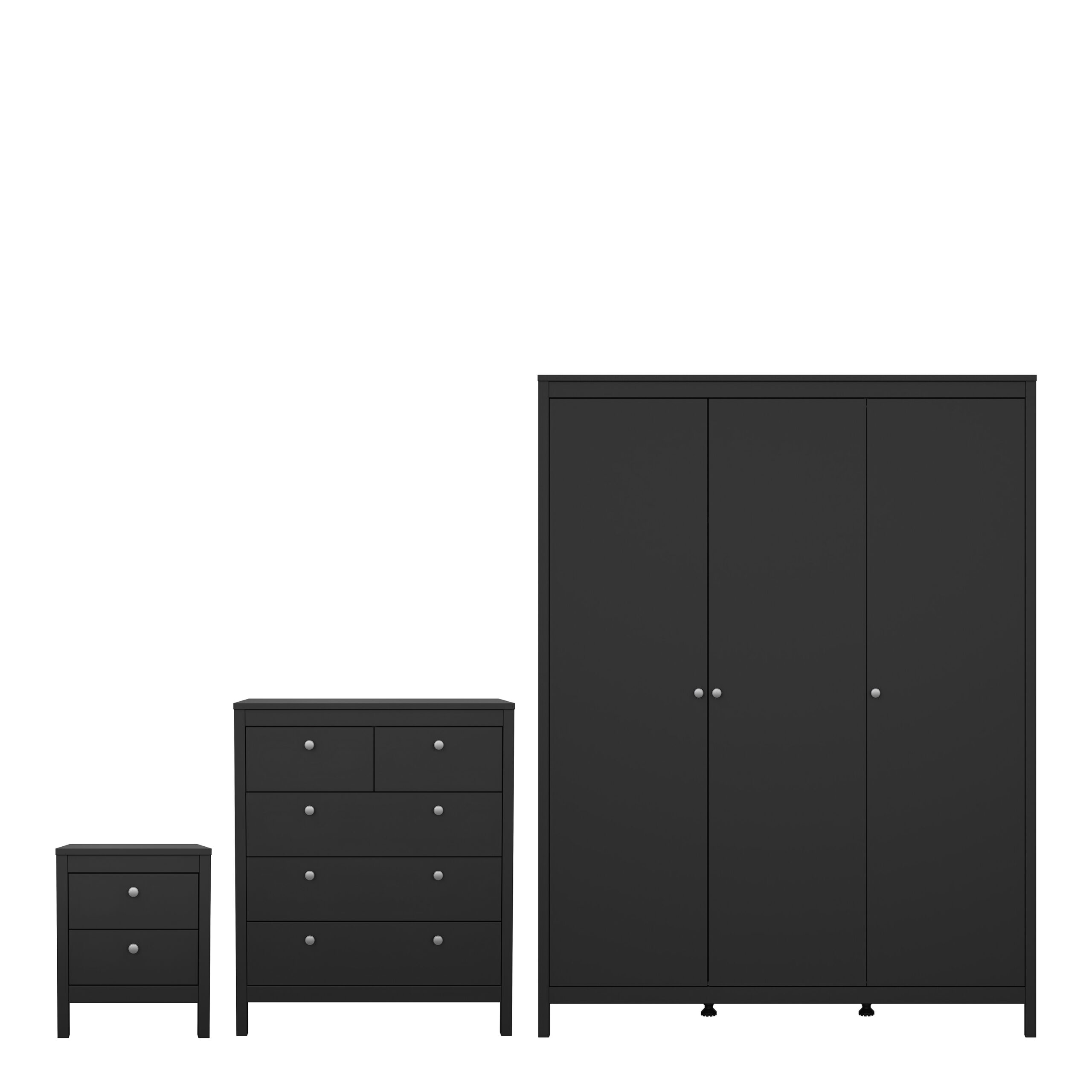 Bravil 3 Piece Bundle, Bedside, Chest and 3 Door Wardrobe in Matt Black