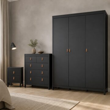 Seville 3 Piece Bundle, Bedside, Chest and 3 Door Wardrobe in Matt Black