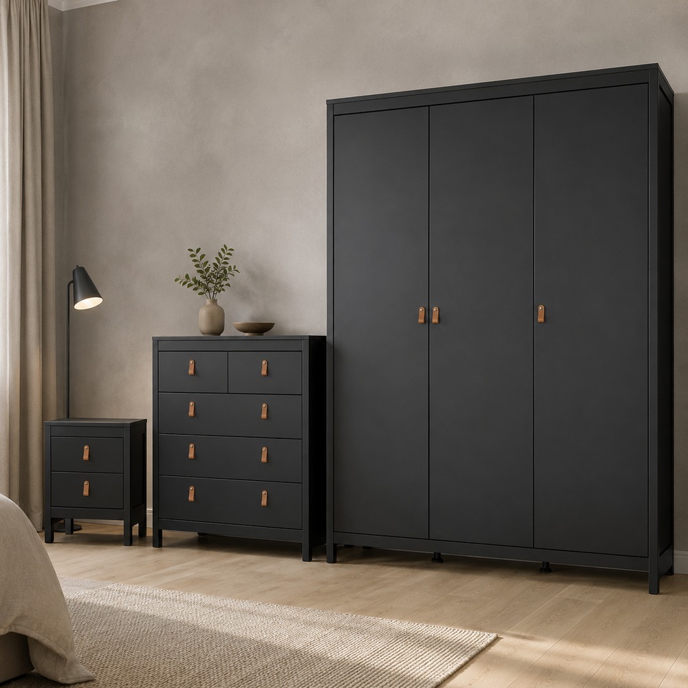 Seville 3 Piece Bundle, Bedside, Chest and 3 Door Wardrobe in Matt Black
