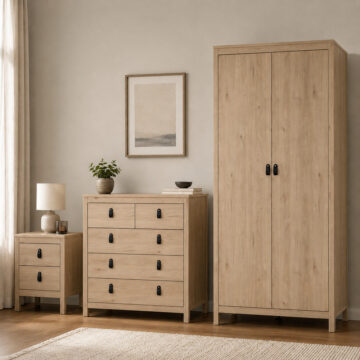 Seville Package - Bedside Table 2 drawers + Chest 3+2 drawer + Wardrobe with 2 doors in Jackson Hickory Oak
