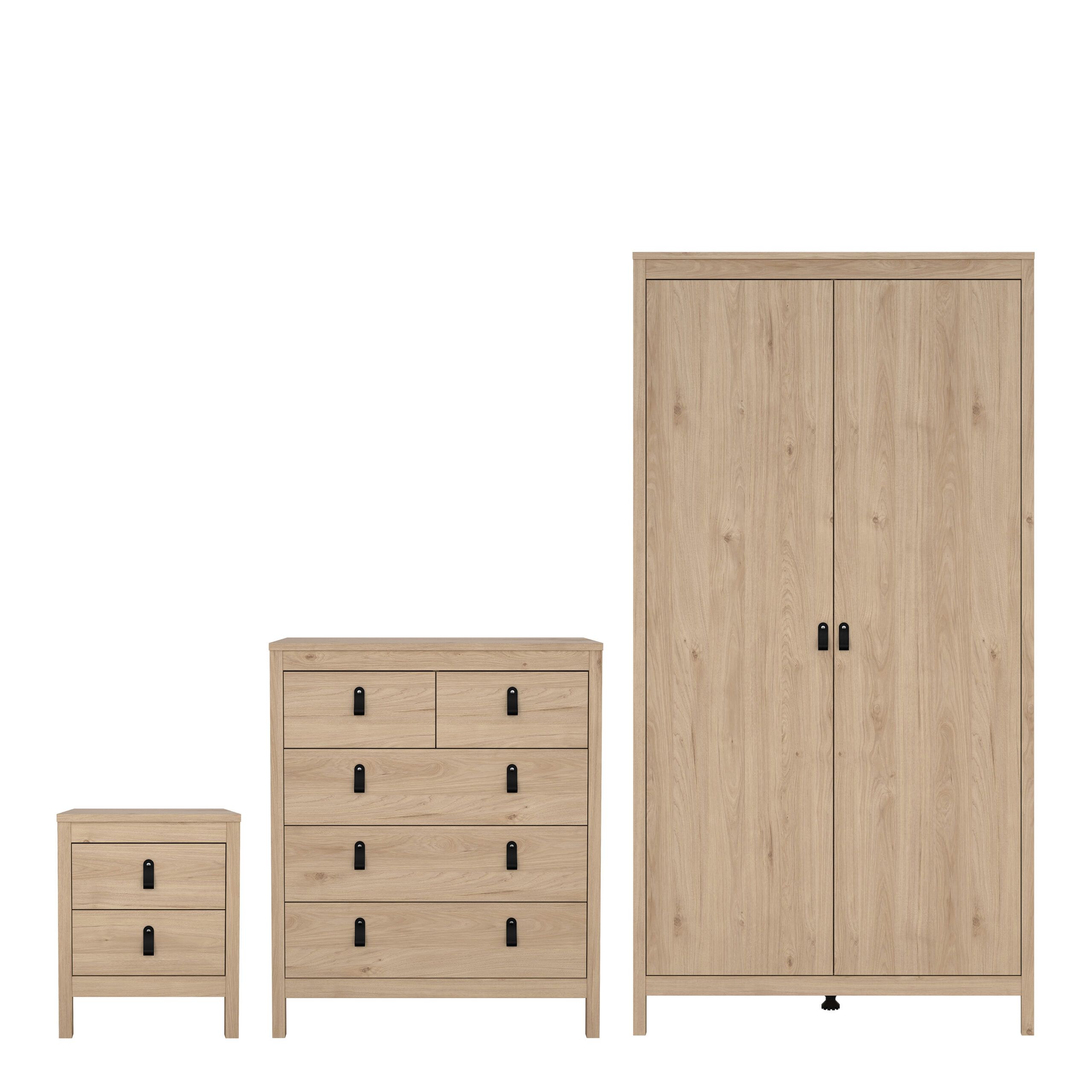 Seville Package - Bedside Table 2 drawers + Chest 3+2 drawer + Wardrobe with 2 doors in Jackson Hickory Oak