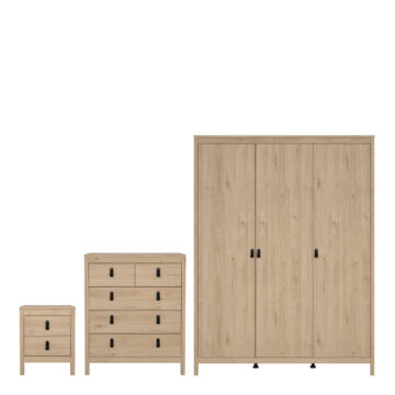 Seville Package – Bedside Table 2 drawers + Chest 3+2 drawer + Wardrobe with 3 doors in Jackson Hickory Oak