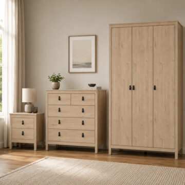 Seville Package - Bedside Table 2 drawers + Chest 3+2 drawer + Wardrobe with 3 doors in Jackson Hickory Oak