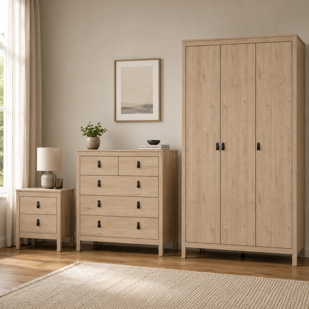 Seville Package - Bedside Table 2 drawers + Chest 3+2 drawer + Wardrobe with 3 doors in Jackson Hickory Oak