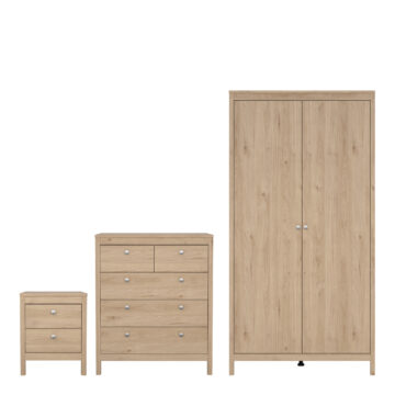 Bravil Package – Bedside Table 2 drawers + Chest 3+2 drawer + Wardrobe with 2 doors in Jackson Hickory Oak