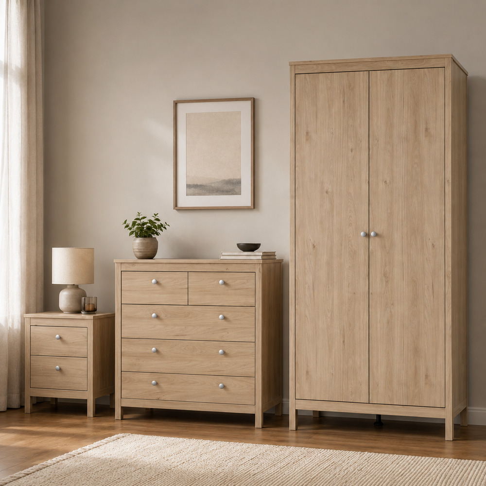 Bravil Package - Bedside Table 2 drawers + Chest 3+2 drawer + Wardrobe with 2 doors in Jackson Hickory Oak