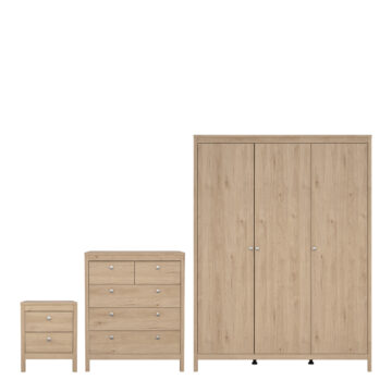Bravil Package – Bedside Table 2 drawers + Chest 3+2 drawer + Wardrobe with 3 doors in Jackson Hickory Oak