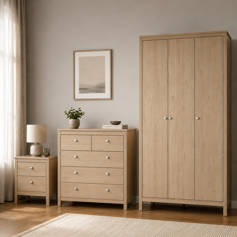 Bravil Package - Bedside Table 2 drawers + Chest 3+2 drawer + Wardrobe with 3 doors in Jackson Hickory Oak