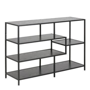 Milford Wide Black Metal Bookcase with 4 Black Oak Shelves
