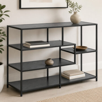 Milford Wide Black Metal Bookcase with 4 Black Oak Shelves