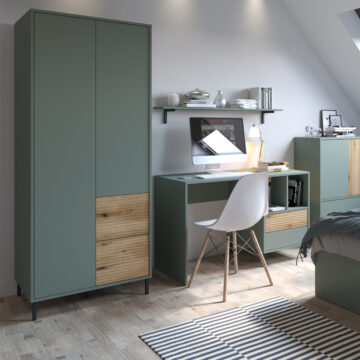 Ayr Green Double Wardrobe with Drawers | Oak Finish