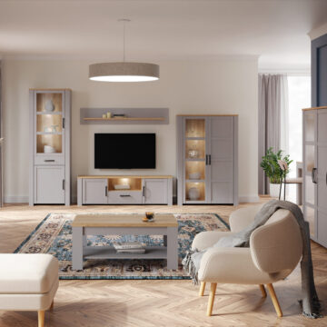 Bruma Grey 2 Door Display Cabinet inc. 2x LED Lights | Riviera Oak
