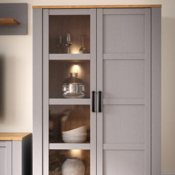Bruma Grey 2 Door Display Cabinet inc. 2x LED Lights | Riviera Oak