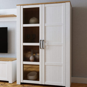 Bruma White 2 Door Display Cabinet inc. 2x LED Lights | Riviera Oak