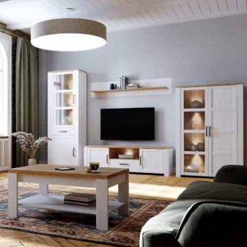 Bruma White 2 Door Display Cabinet inc. 2x LED Lights | Riviera Oak