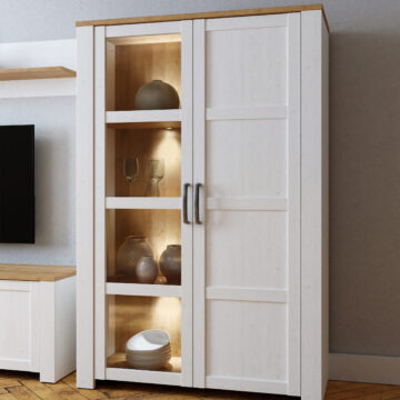 Bruma White 2 Door Display Cabinet inc. 2x LED Lights | Riviera Oak