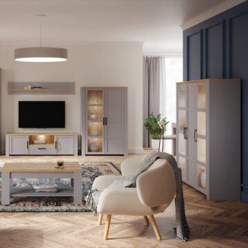 Bruma Large Display Cabinet inc. 4x LED Lights in Riviera Oak/Grey Oak