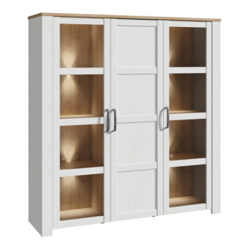 Bruma White 3 Door Large Display Cabinet inc. 4x LED Lights | Riviera Oak