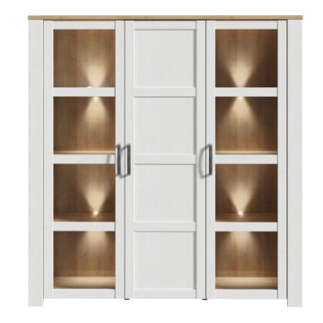 Bruma White 3 Door Large Display Cabinet inc. 4x LED Lights | Riviera Oak