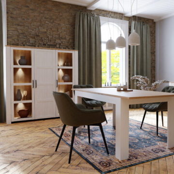 Bruma White 3 Door Large Display Cabinet inc. 4x LED Lights | Riviera Oak