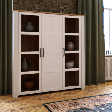 Bruma White 3 Door Large Display Cabinet inc. 4x LED Lights | Riviera Oak