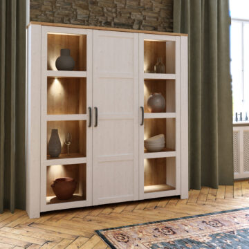 Bruma White 3 Door Large Display Cabinet inc. 4x LED Lights | Riviera Oak